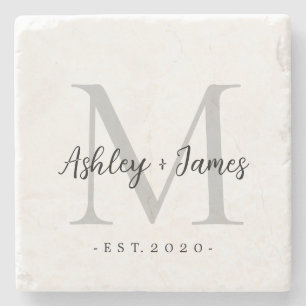 Posavasos De Piedra Moda Silver Monograma Script Nombres Boda Fecha