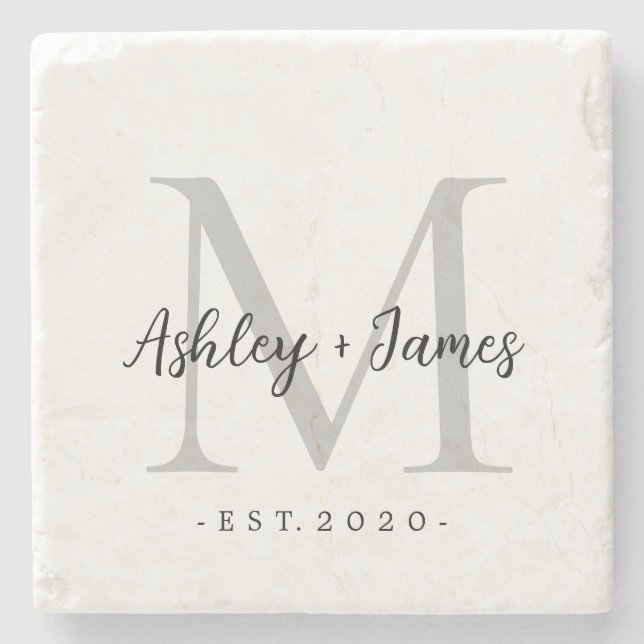 Posavasos De Piedra Moda Silver Monograma Script Nombres Boda Fecha (Anverso)