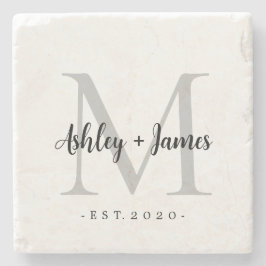 Posavasos De Piedra Moda Silver Monograma Script Nombres Boda Fecha