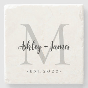 Posavasos De Piedra Moda Silver Monograma Script Nombres Boda Fecha
