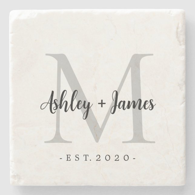Posavasos De Piedra Moda Silver Monograma Script Nombres Boda Fecha (Anverso)
