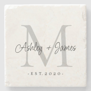 Posavasos De Piedra Moda Silver Monograma Script Nombres Boda Fecha