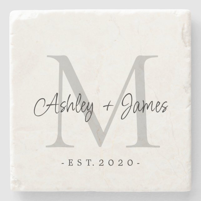 Posavasos De Piedra Moda Silver Monograma Script Nombres Boda Fecha (Anverso)
