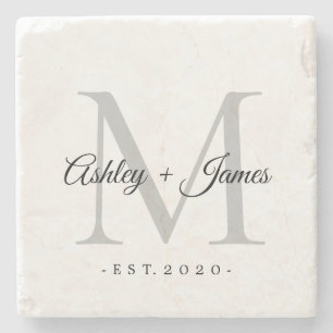 Posavasos De Piedra Moda Silver Monograma Script Nombres Boda Fecha
