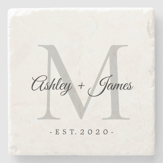 Posavasos De Piedra Moda Silver Monograma Script Nombres Boda Fecha (Anverso)
