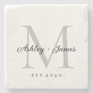 Posavasos De Piedra Moda Silver Monograma Script Nombres Boda Fecha