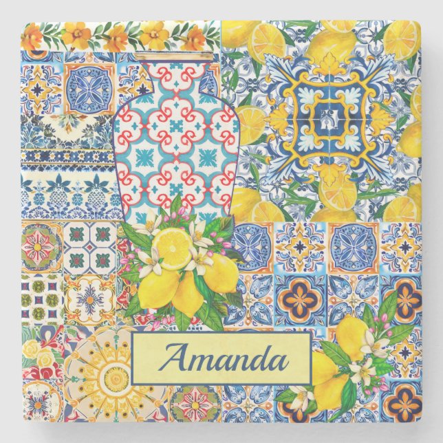 Posavasos De Piedra Moda Vase Baldosas naranjas mediterráneas (Anverso)