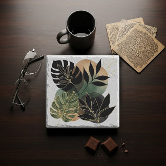 Posavasos De Piedra Modern Botanical Abstract Art Black and Gold Leave