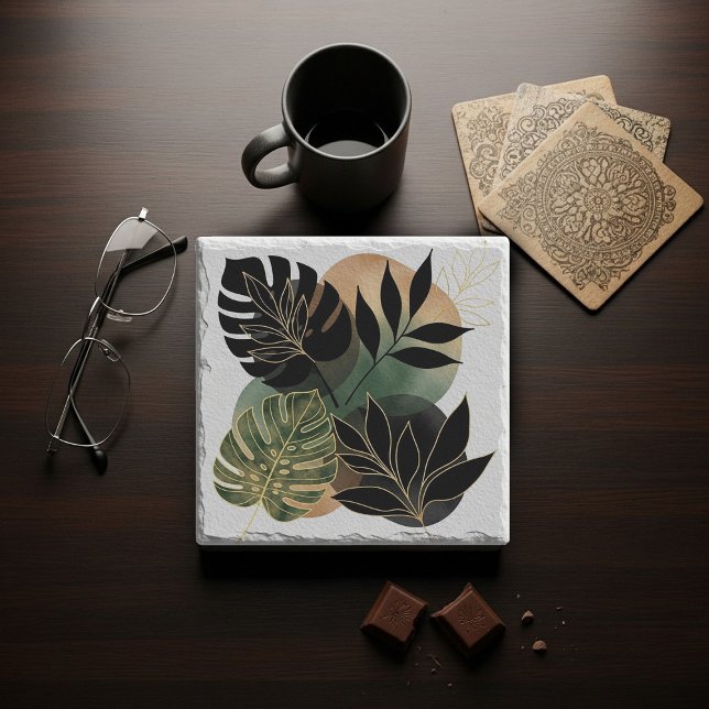 Posavasos De Piedra Modern Botanical Abstract Art Black and Gold Leave (Subido por el creador)