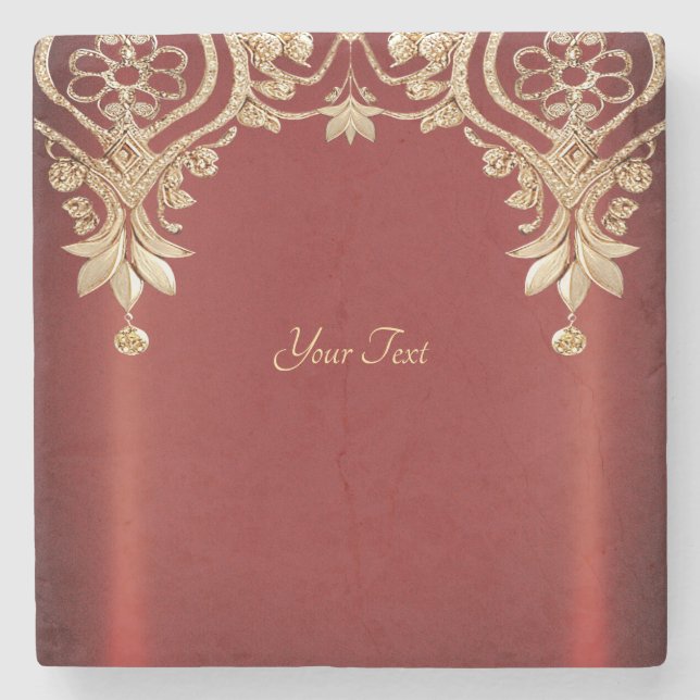Posavasos De Piedra Modern Gold Red Floral Stone Coaster (Anverso)