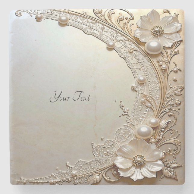 Posavasos De Piedra Modern White Flowers Pearls Stone Coaster (Anverso)