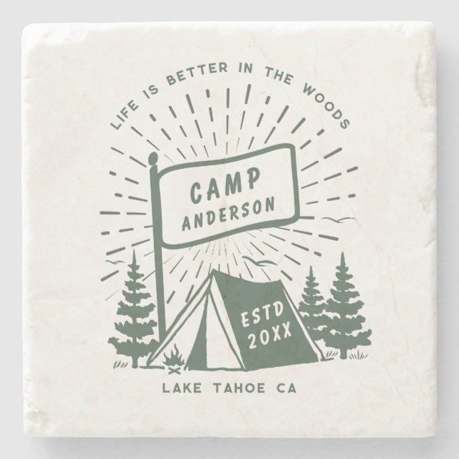 Posavasos De Piedra Moderna familia Retro Camping Diversión al aire li (Anverso)