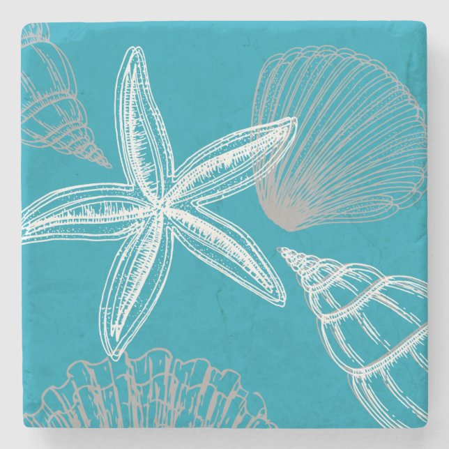 Posavasos De Piedra Moderna Seashell Beach House Aqua Blue Starfish (Anverso)