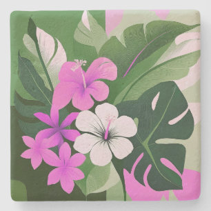 Posavasos De Piedra Moderno de mediados de siglo Hibisco y Plumeria ha