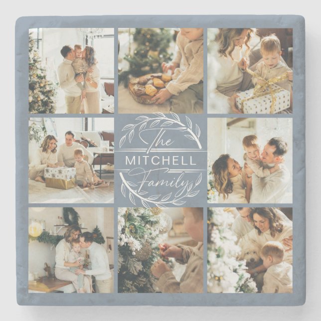 Posavasos De Piedra Moderno monograma azul turbio foto familiar inicia (Anverso)