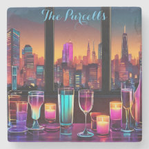 Moderno Neon City Bar Square Marble Stone Coaster