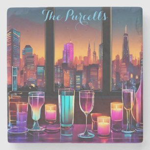 Posavasos De Piedra Moderno Neon City Bar Square Marble Stone Coaster