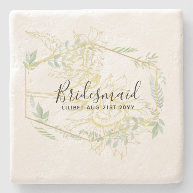 Posavasos De Piedra Moderno Sunflowers Greenery Sage Gold Boda (Anverso)