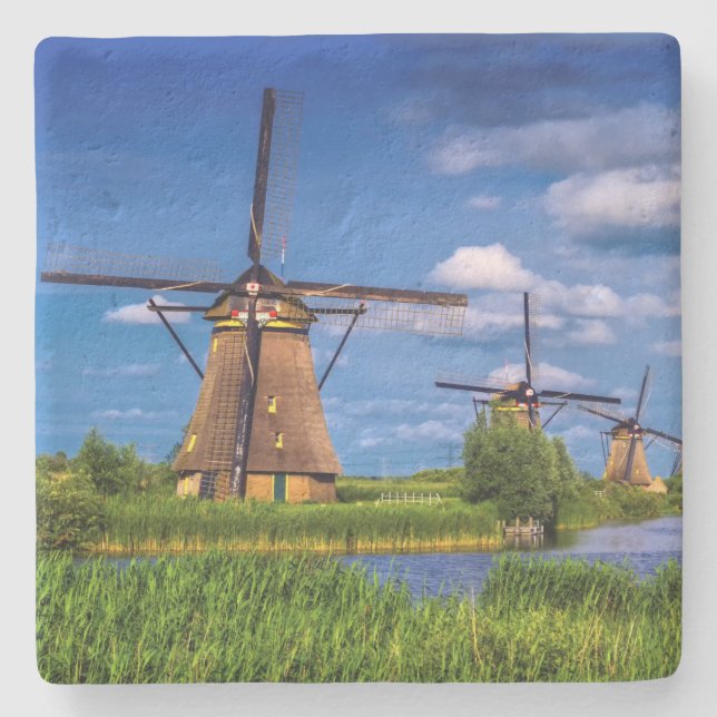 Posavasos De Piedra Molinoes de viento en Kinderdijk, Holanda, Países (Anverso)