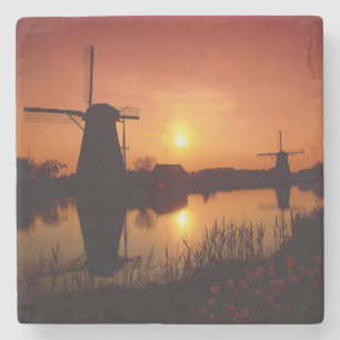 Posavasos De Piedra Molinos de viento al atardecer, Kinderdijk, Países