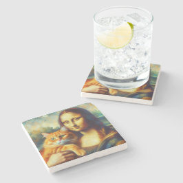 Posavasos De Piedra Mona Lisa pintando La Gioconda con un gato