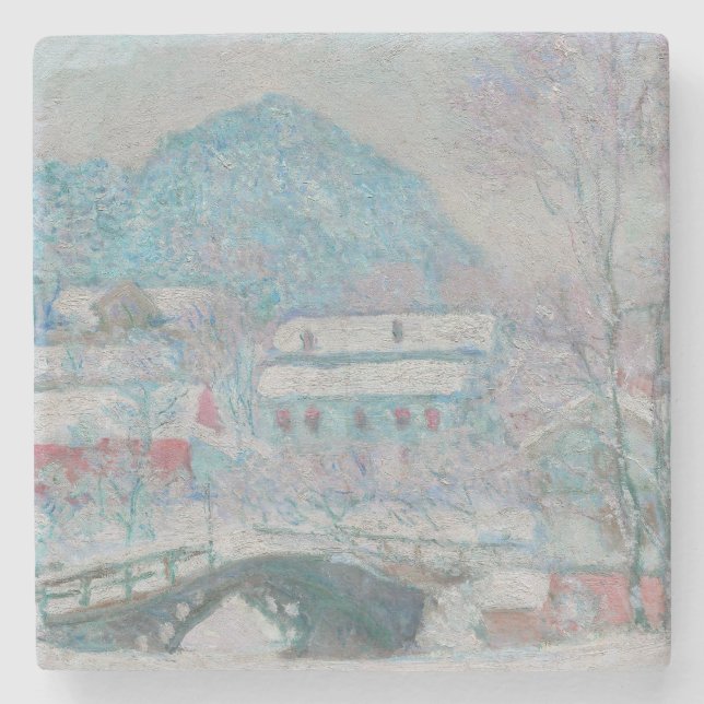 Posavasos De Piedra Monet - Noruega, aldea Sandviken en la nieve (Anverso)