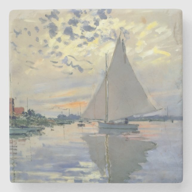 Posavasos De Piedra Monet Sailboat French Impressionism Classic Art (Anverso)