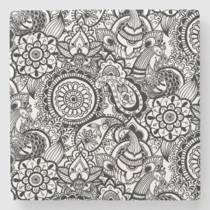 Posavasos De Piedra Mono floral de paisley negro blanco lindo
