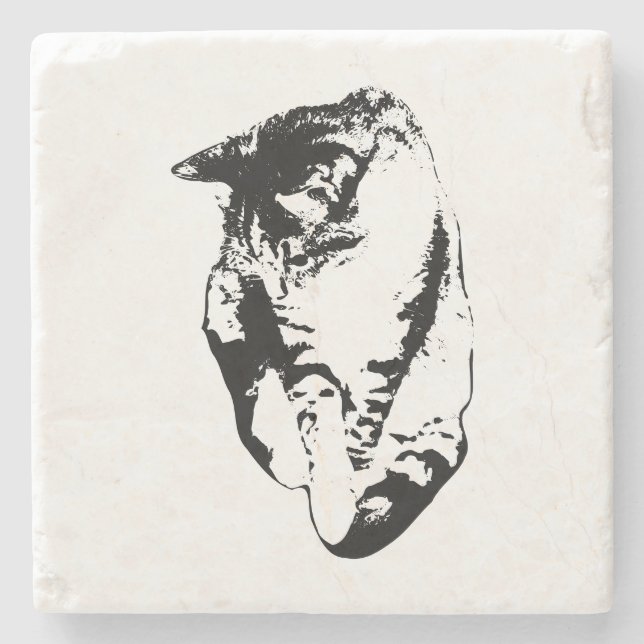 Posavasos De Piedra Monocromo de gato con pestañas hacia abajo (Anverso)