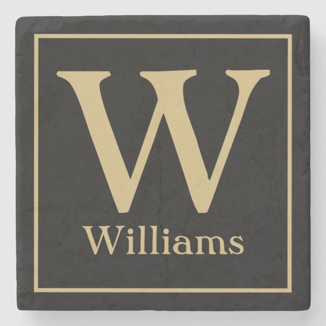 Posavasos De Piedra MONOGRAM y apellido familiar en negro (Anverso)