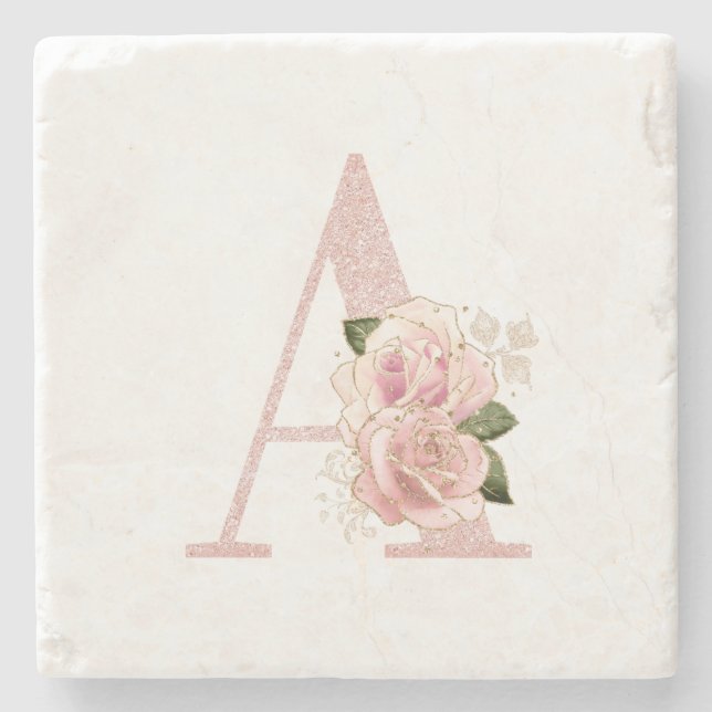 Posavasos De Piedra Monograma A Purpurina floral Girly Pale Rosa Gold (Anverso)