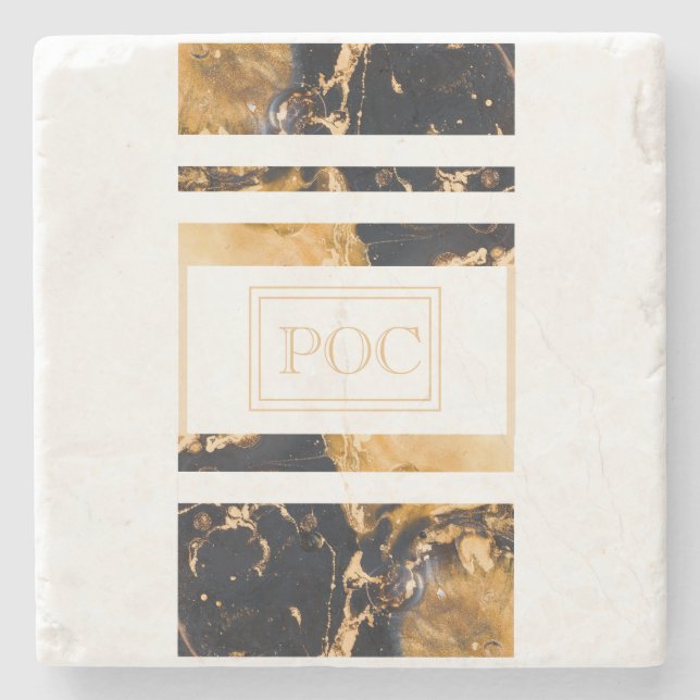 Posavasos De Piedra Monograma abstracto de oro azul oscuro (Anverso)