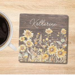 Posavasos De Piedra Monograma Acuarela Amarillo de la Madera de Campo 