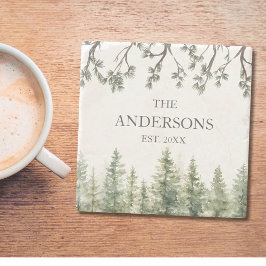 Posavasos De Piedra Monograma Acuarela Rústica de Pinos y Ramas