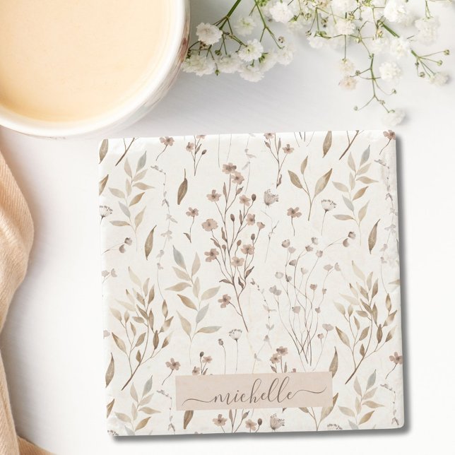 Posavasos De Piedra Monograma Acuarela Rústica Marrón Floral Botánica (In situ)