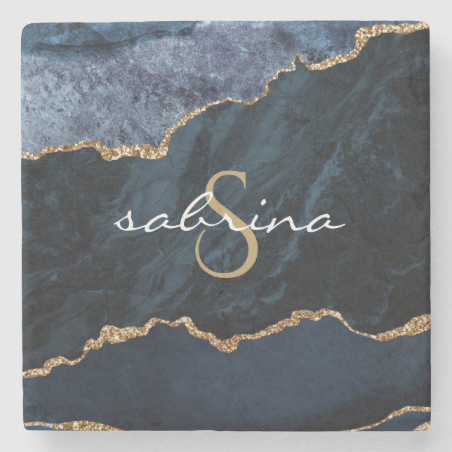 Posavasos De Piedra Monograma Agate Geode Navy Oro Azul (Anverso)