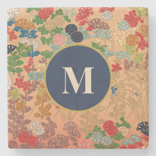 Posavasos De Piedra Monograma Arte Floral Japonés Vintage Inicial Dora