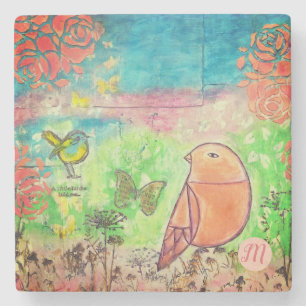 Posavasos De Piedra Monograma Arte multimedia con aves  