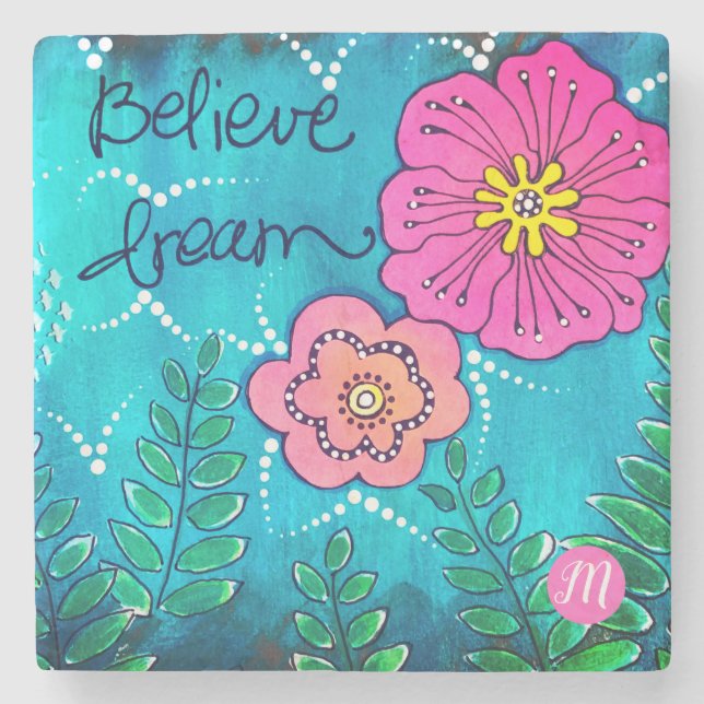 Posavasos De Piedra Monograma arte multimedia con flores | (Anverso)