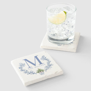 Posavasos De Piedra Monograma azul Escudo con árbol de Navidad