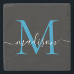 Posavasos De Piedra Monograma azul negro moderno Nombre de guión femen<br><div class="desc">Elegante Océano Negro Brillante Monograma Azul Flector Femenino Nombre de escayola de piedra</div>