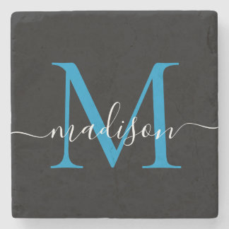 Posavasos De Piedra Monograma azul negro moderno Nombre de guión femen