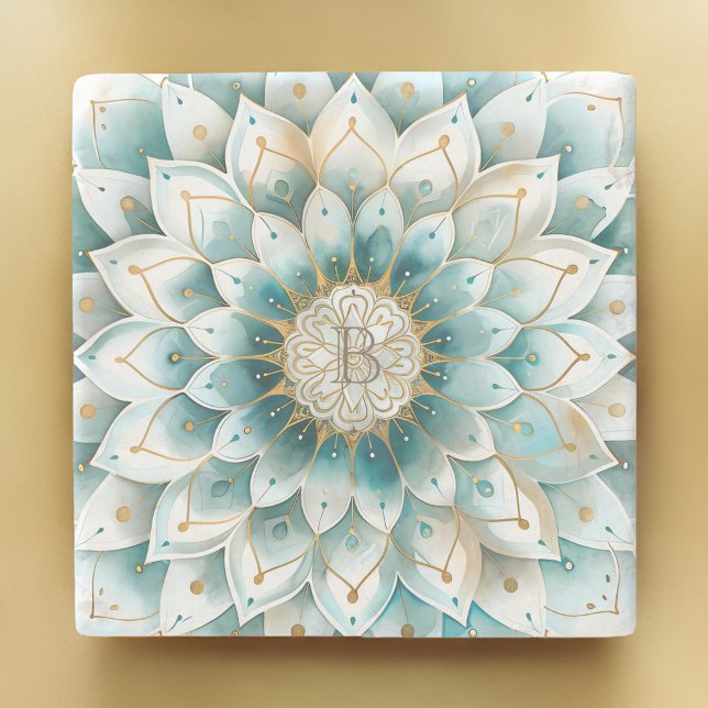 Posavasos De Piedra Monograma Azul Verde azulado Oro Floral Mandala (Subido por el creador)