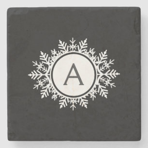 Posavasos De Piedra Monograma blanco adornado del copo de nieve en