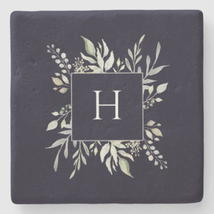 Posavasos De Piedra Monograma Botánico Oscuro Personalizado