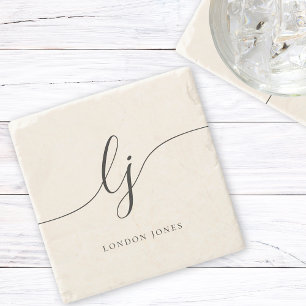 Posavasos De Piedra Monograma caligrafía simple elegante marfil femeni