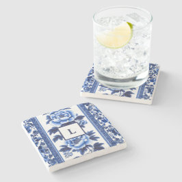 Posavasos De Piedra Monograma Chinoiserie Azul 