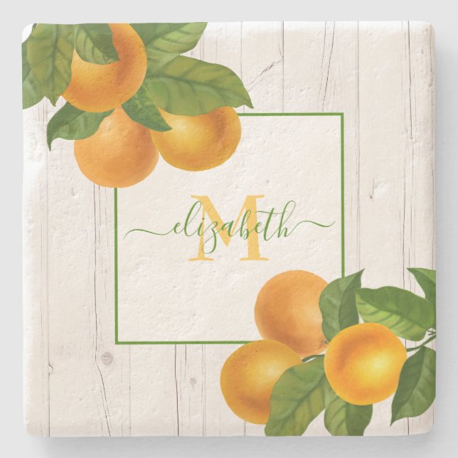 Posavasos De Piedra Monograma cítricos naranjas acuarela madera rústic (Anverso)
