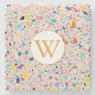 Posavasos De Piedra Monograma Colorido Pastel de Terrazzo Personalizad