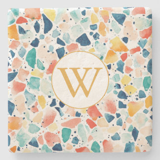 Posavasos De Piedra Monograma Colorido Personalizado de Terrazzo